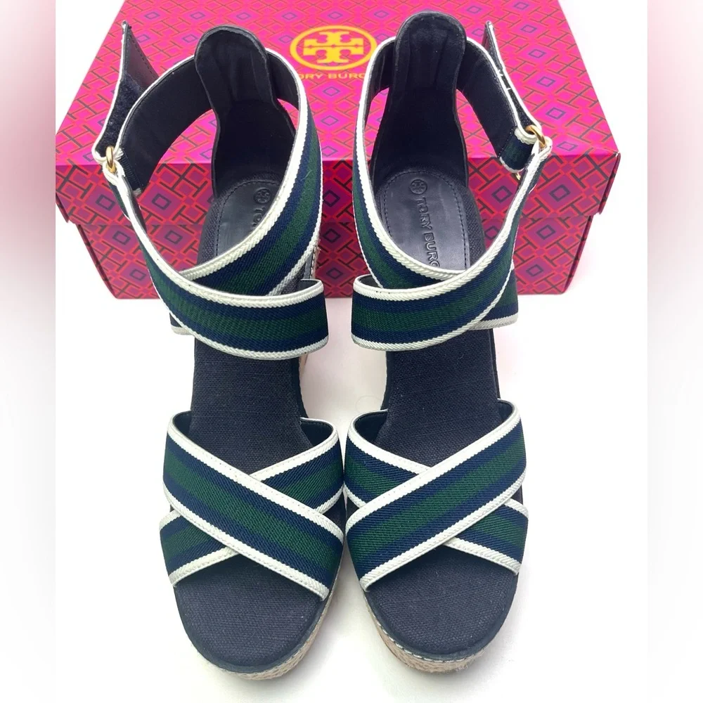 Tory Burch Frieda Platform Wedge Espadrille Blue Green Summer Sandals